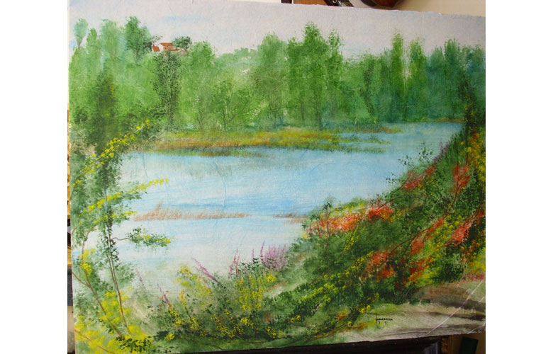 Lungo il Mincio, 40x50 acq. carta velina incoll. su legno
